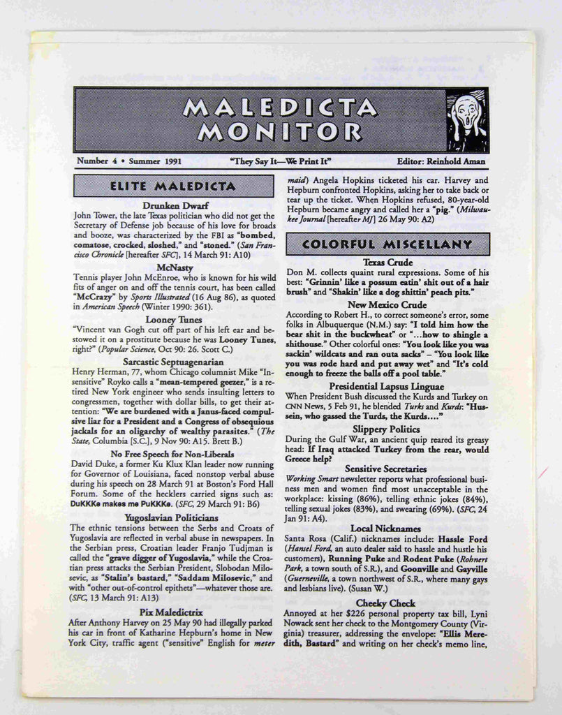 Maledicta Monitor Number 4 Summer 1991, by Reinhold Aman – Chris ...